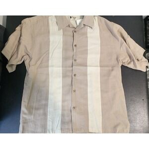 NWOT Vintage Silk 1969 Camp Shirt XL Beige White Stripe Textured Button Up